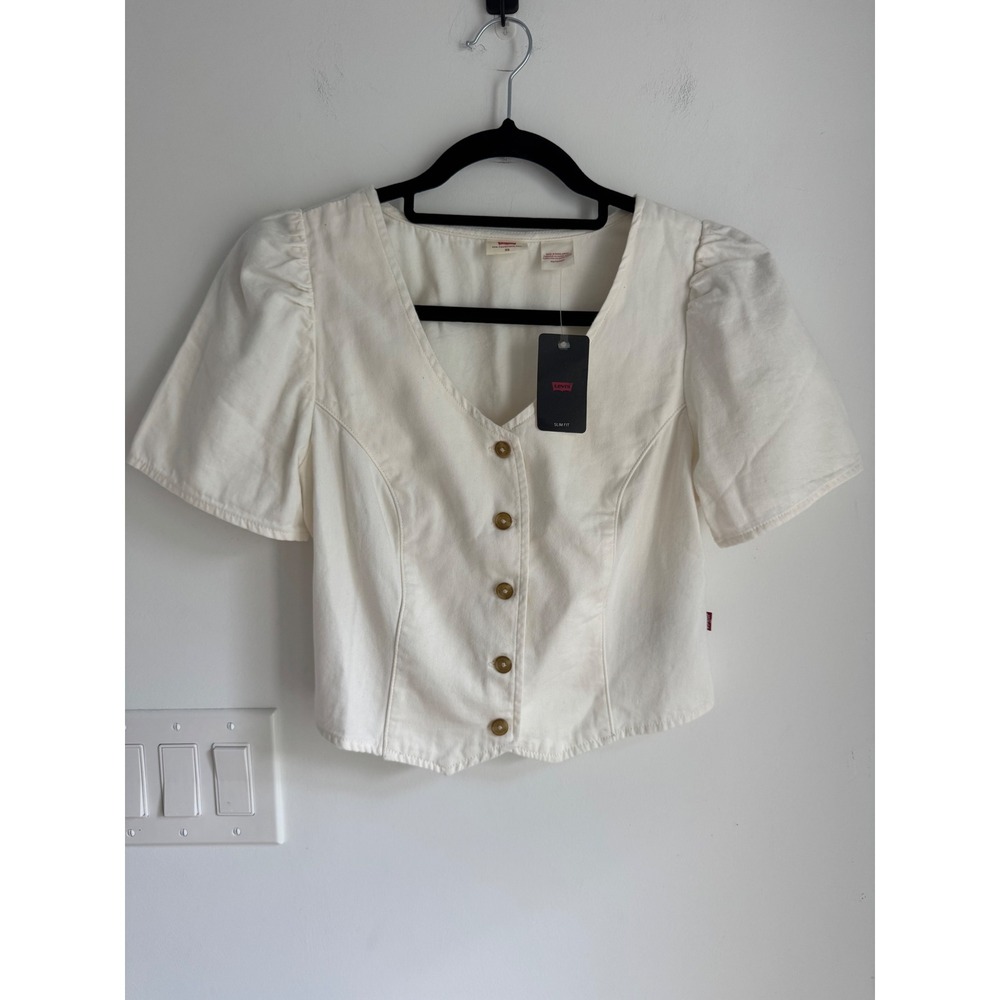 Levis Womens Slim Fit White Denim Button Down Top V-Neck Puff Sleeve XS NEW